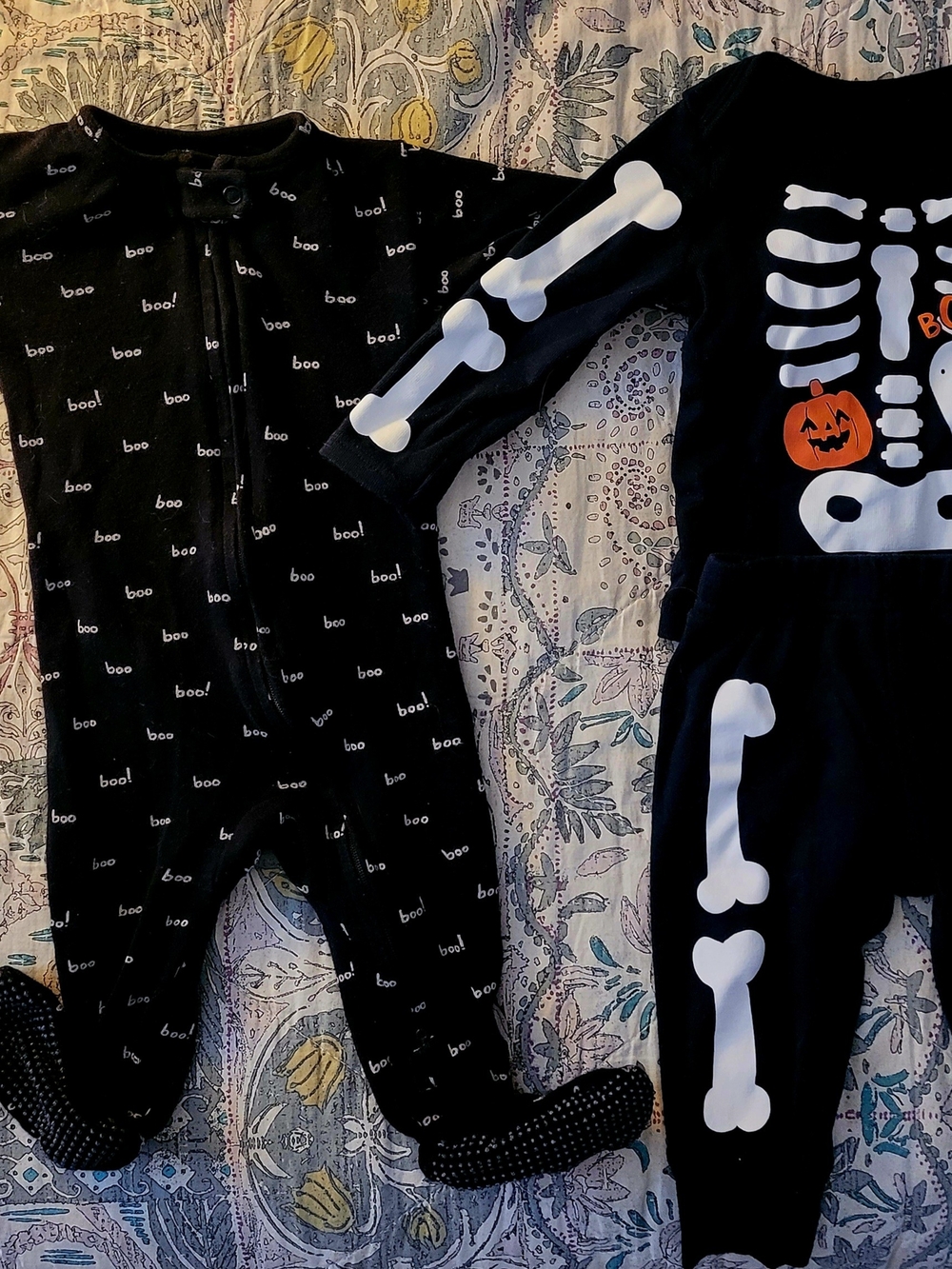 Black Halloween "boo!" Footies & 2 Piece BOO Skeleton/Pumpkin Set